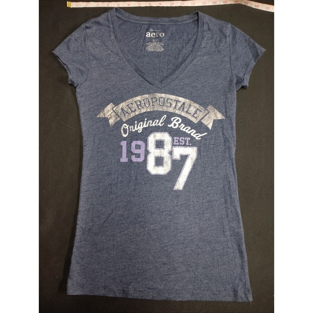 Aeropostale Navy V-Neck Tee with Lilac and White 1987 Embellished Metallic Logo